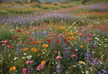 Obraz premium Lush wildflowers bloom, diverse colors in field, nature scene, botany