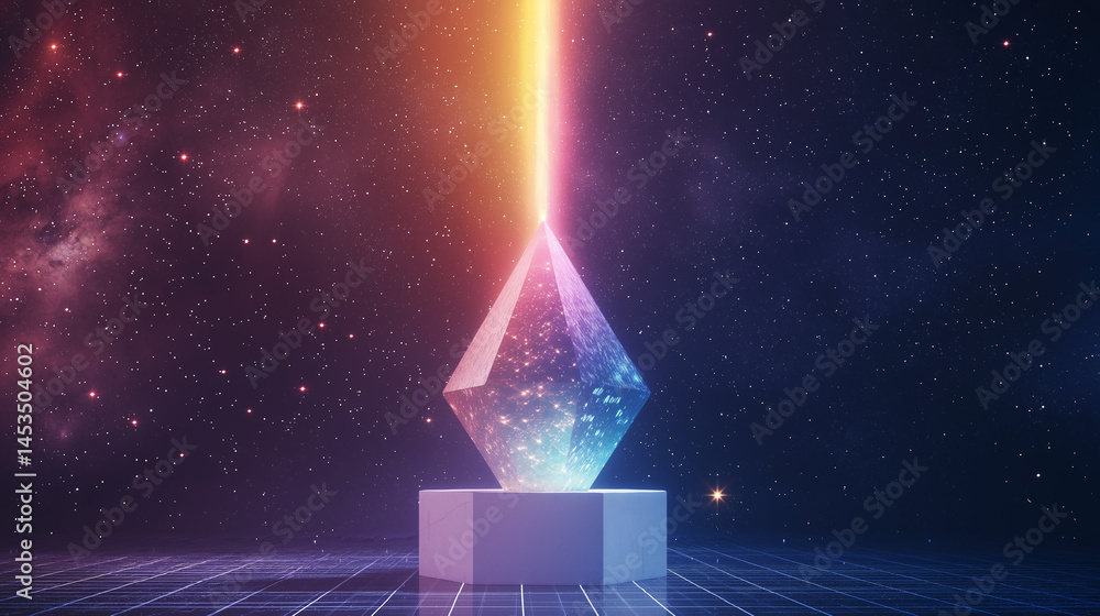 Poster cosmic crystal: a captivating and ethereal image featuring a geometric crystal-like object emanating