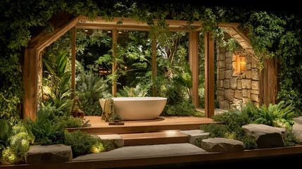Luxurious Outdoor Spa Oasis: A serene and inviting outdoor spa setting, featuring a freestanding bathtub nestled within a lush, green garden environment.
