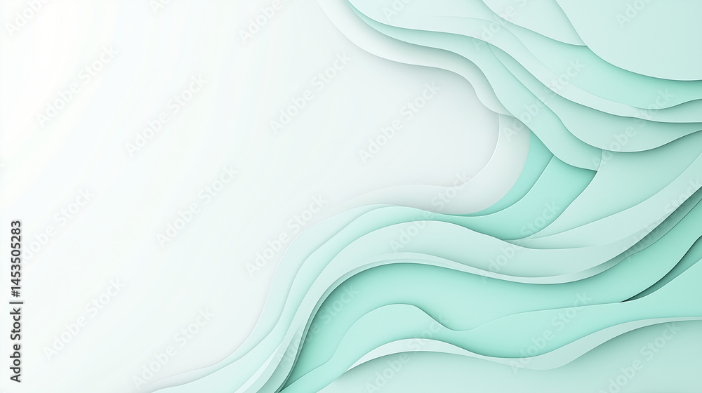Poster abstract wave design: serene teal and white wave-like layers, creating a sense of calm and fluidity,
