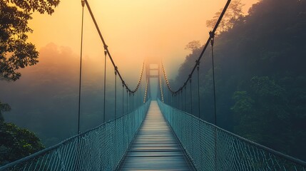 Obraz premium Misty Suspension Bridge Under Sunrise in a Serene Natural Landscape Background. Captivating Scene of Nature's Tranquil Beauty