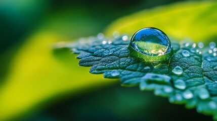 close-up of a large water drop on a leaf, reflecting the surrounding nature, raindrops in the background, detailed photography