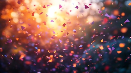 Festive confetti of multiple colors floating in warm sunlight