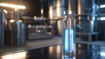 Futuristic glass vial with glowing blue liquid on sterile lab surface, symbolizing medical innovation and scientific breakthrough in biotechnology and pharmaceutical research.