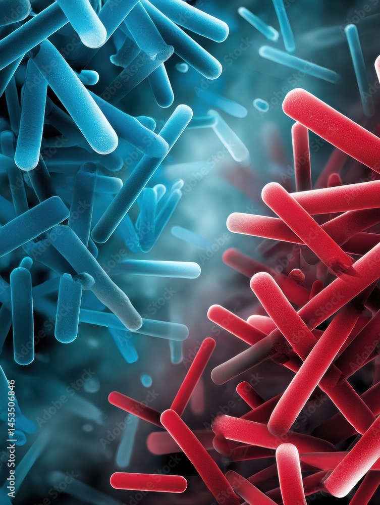 Poster blue and red bacteria clash under digital microscope revealing vibrant microscopic interaction gener