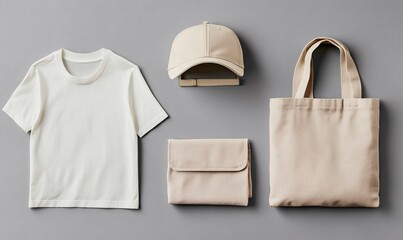 A set of blank apparel items: t-shirt, cap, tote bag, and pouch, arranged on a neutral background,

