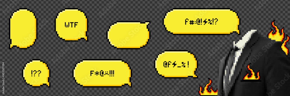 Poster set of pixel art dialogue box with swear words. speech bubbles in the mood of 90's aesthetics. vecto