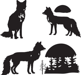 Fox Silhouettes Vector Art: Black and White Illustration of Standing, Sitting Foxes with Moon and Forest Scene for Graphic Design Projects