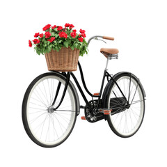 Vintage Bicycle with Floral Gift Basket and Decorative Blooms Isolated for Romantic Spring Themes and Whimsical Design Projects