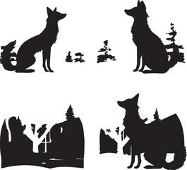 Silhouette Art: Four Black and White Illustrations of Foxes in Natural Landscapes, Wildlife Animal Themed Design, Vector Graphic Collection