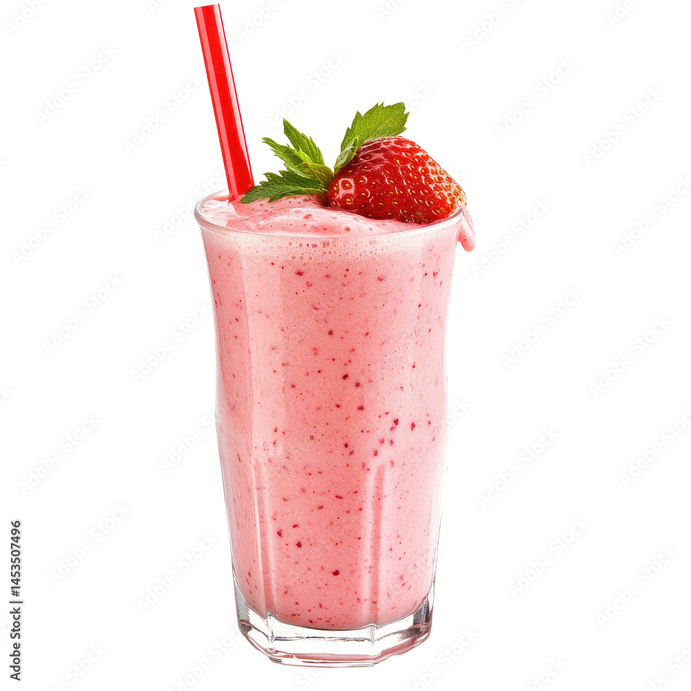 Poster refreshing strawberry smoothie served with a straw against a clean transparent background, smoothie 