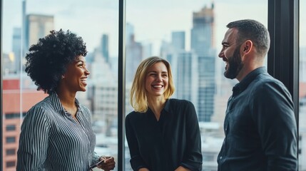 Colleagues smiling and conversing in a bright, modern office, captured in a candid moment, natural light streaming through large windows