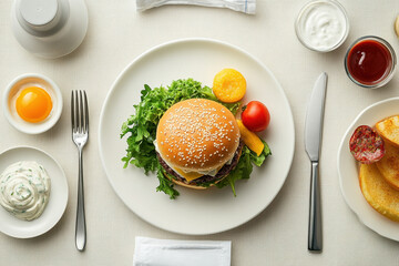 Hamburger and salad on a plate.