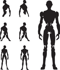 Robot Silhouette Vector Set: Humanoid Android Figures, Sci-Fi Character Design Elements, Black and White Clip Art for Graphic Design Projects