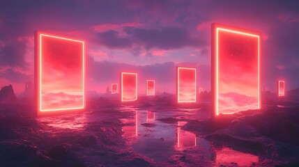 A landscape with neon squares
