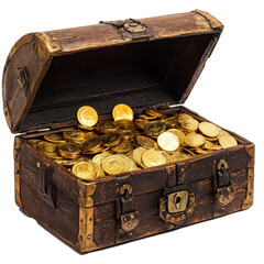 Treasure chest overflowing with gold coins on a clean Transparent background, perfect for treasure themed projects, Treasure Chests with Gold Coins on PNG background