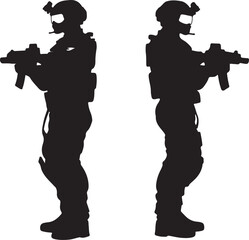 Silhouette of Armed Soldiers: Tactical Gear, Assault Rifle, Military Personnel, Combat Ready, Vector Illustration, Black and White Graphic