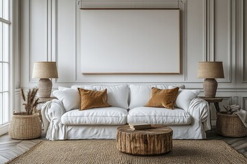 Elegant, white living room interior with a large, neutral canvas.