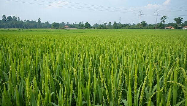 View of Rice Farm Agricultural Field with Sky for Green Agriculture and Sustainable Farming Backgrounds
