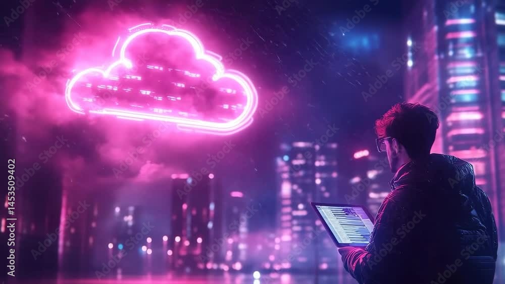 Aufkleber neon city hacker: cloud data access in cyberpunk style