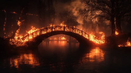 Inferno passage: Dramatic landscape featuring a burning bridge over tranquil water