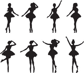 Obraz premium Silhouette Vector Art of Ballerinas Dancing in Tutus: Elegant Black and White Dance Poses for Graphic Design and Creative Projects