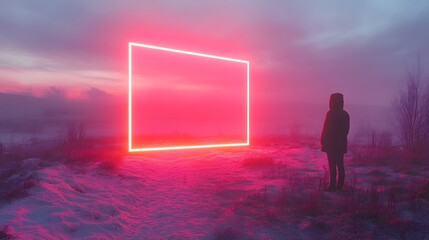 A glowing neon square hovering over a quiet winter