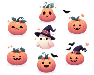 Halloween pumpkins set vector design. Halloween pumpkin lantern funny faces isolated on white background for holiday spooky trick or treat collection . Vector 