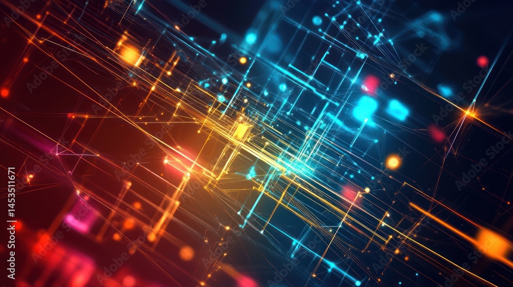 Poster abstract geometric network with glowing lines and colorful dots, futuristic design