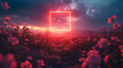 A glowing neon square in the sky above a quiet
