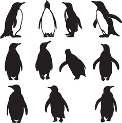 Penguin Silhouette Vector Art: Black and White Illustration of Cute Antarctic Birds in Various Poses for Graphic Design and Wildlife Projects