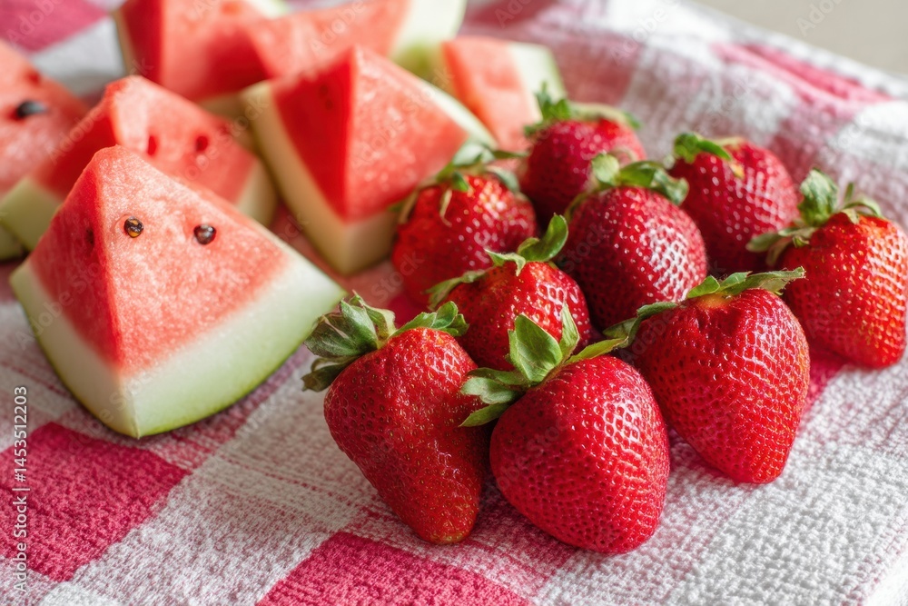 Aufkleber bright strawberries and watermelon slices arranged on a white picnic cloth during a summer gathering
