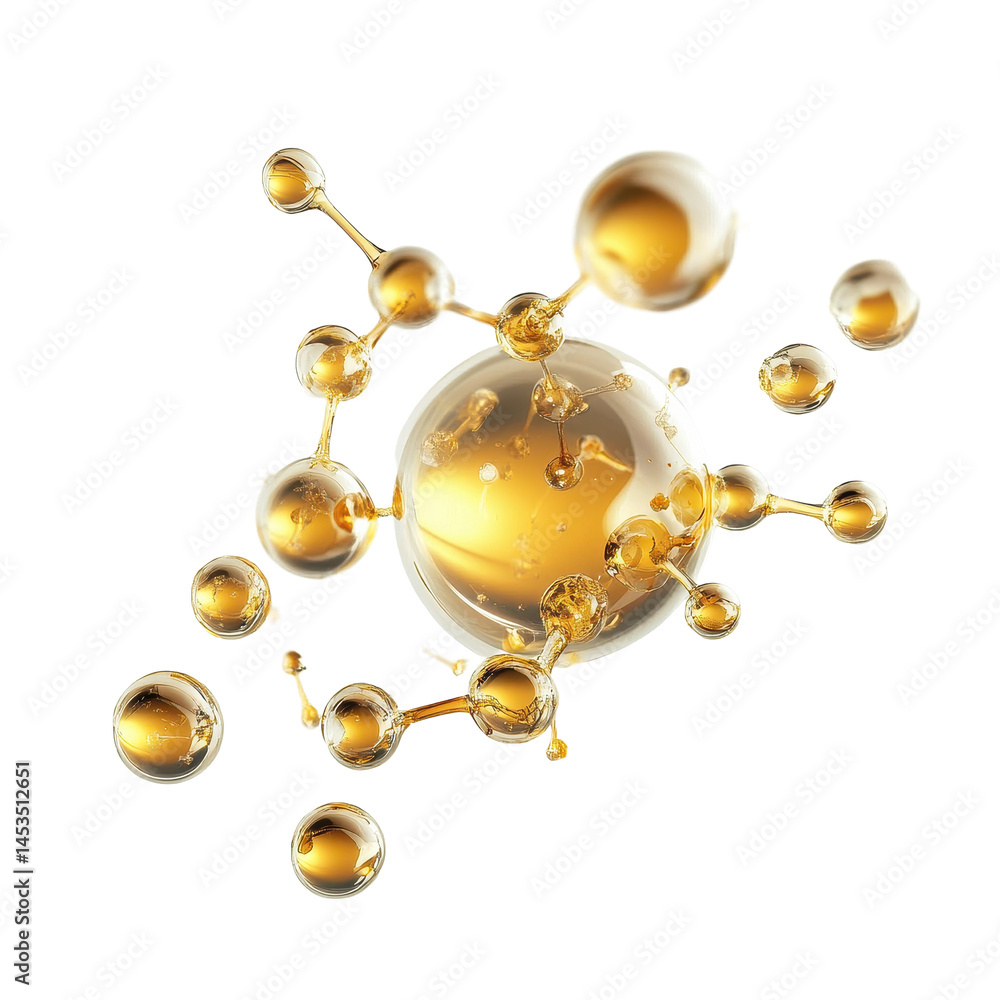 Leinwandbilder Molecule structures and golden liquid bubbles create a mesmerizing display on a Transparent background, Molecule and golden liquid bubble PNG background