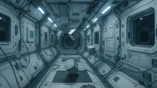 Intriguing Sci FI Art Explore Futuristic Corridor With Modular Panels, Fluorescent Lighting, And Gravity Defying Cube Amidst Technological Access Science In Sci FI Space Station