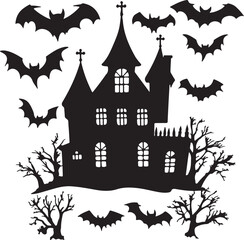 Spooky Halloween Castle Silhouette with Bats Flying Around - Gothic Haunted House Vector Illustration for Halloween Decorations & Crafts