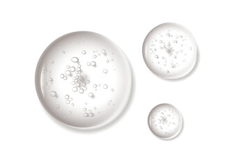 Water serum texture. Liquid gel drops. Clear white cosmetic oil with bubbles circle set isolated on white background