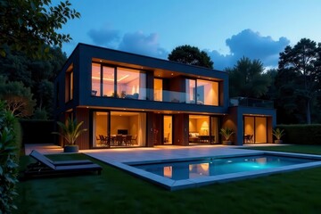 Glowing windows of luxurious modern farmhouse at blue hour; clean lines, stylish details , architecture, contemporary
