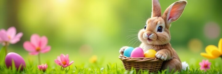 Happy bunny holding basket, colorful eggs, blooming flowers, artwork, floral arrangement, greeting