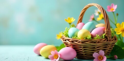 Pastel colored eggs in a basket, spring flowers nearby, beautiful, painted