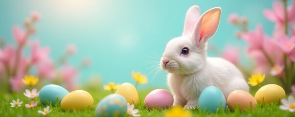 Pastel rainbow bunny, spring blooms, vibrant eggs, cute, bright, image