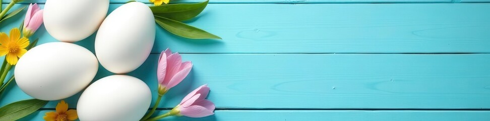 Pastel white eggs on blue wood, spring holiday flatlay , image, festive, overhead