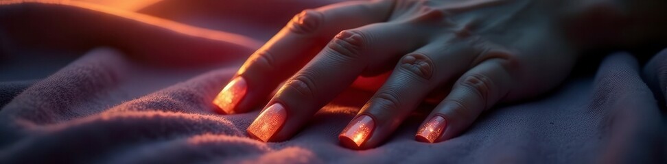 Refined hand, glistening nails on plush fabric at dusk, gentle, macro, comfort