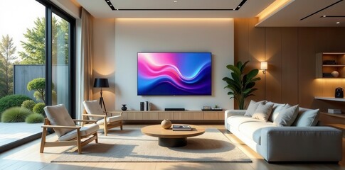 Sleek minimalist smart home interior Connected devices seamlessly integrated , futuristic, touchscreen, modern