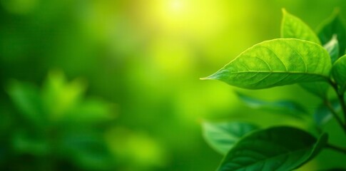 Sun-drenched emerald leaves, vibrant green hues, soft light glow, flora, summer, green