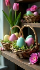 Vibrant Easter eggs in woven baskets nestled amongst blooming spring flowers on rustic wooden shelf , colorful, nature, pastel