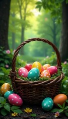 Vibrant painted eggs fill rustic basket, idyllic forest scene , Easter eggs, painted