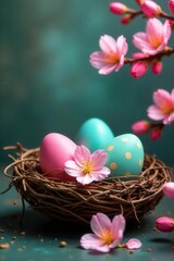 Vibrant painted eggs nestled amongst blooming spring branches , illustration, colorful