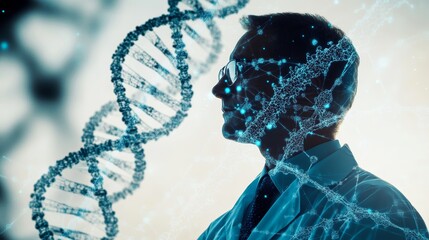 double exposure image featuring the silhouette of a doctor in a lab coat overlaid with a detailed DNA helix structure, blending the human element with genetic science 