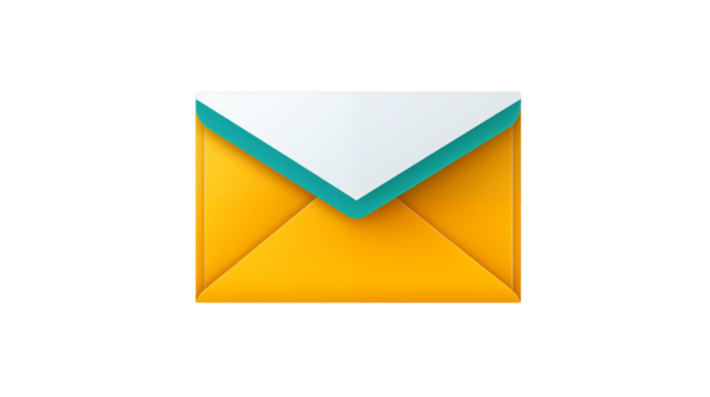 A yellow envelope with a white top and teal trim on a black background view