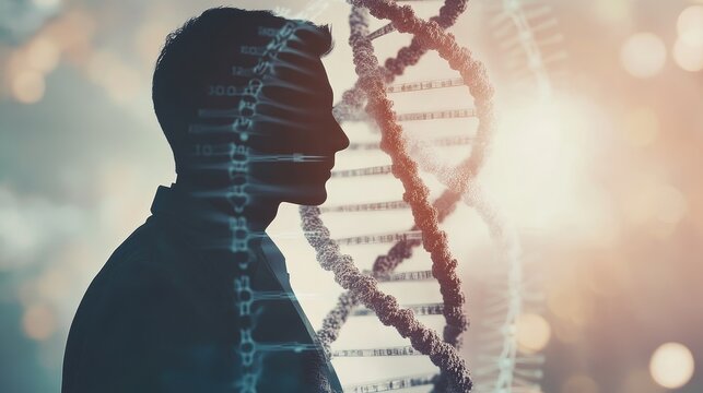 double exposure image featuring the silhouette of a doctor in a lab coat overlaid with a detailed DNA helix structure, blending the human element with genetic science 